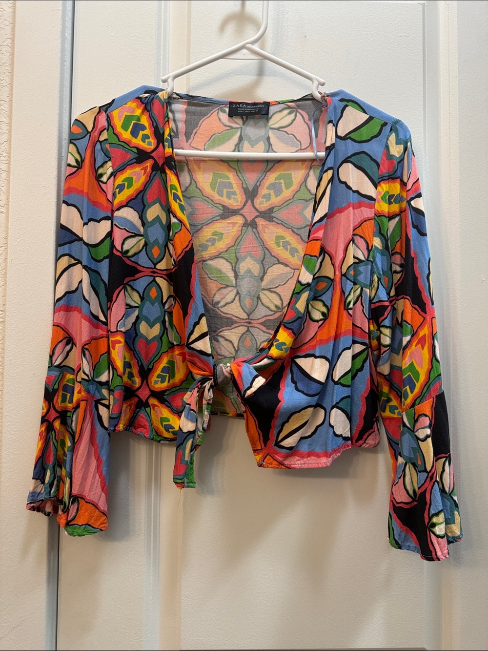 Zara Multicolor Graphic Tie-Front Blouse - Blue, Pink, Green, Orange